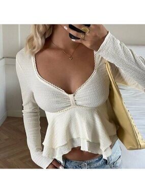 Apricot Casual Women's Sweetheart Neck Long Sleeve T-Shirt